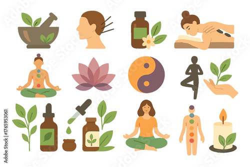 Holistic Wellness and Meditation Set – Yoga, Acupuncture and Natural Therapy Illustration