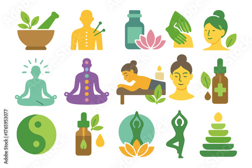 Holistic Wellness and Meditation Set – Yoga, Acupuncture and Natural Therapy Illustration