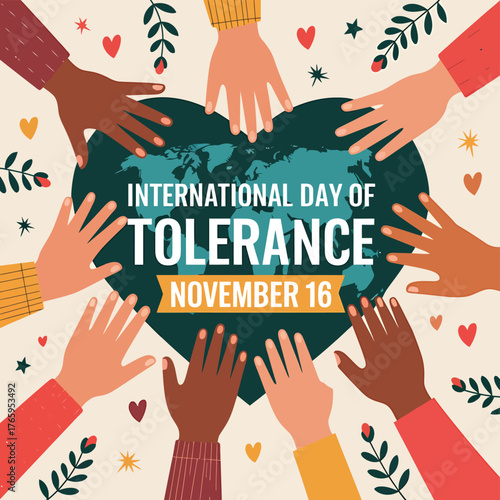 Vector art of international day of tolerance graphic with diverse hands reaching towards a heartshaped world map