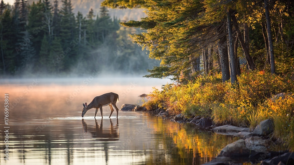 Naklejka premium A deer drinks water from a lake surrounded by pines, with a foggy forest in the backdrop
