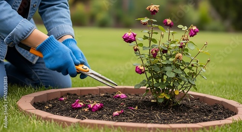 Gardener pruning dead roses.