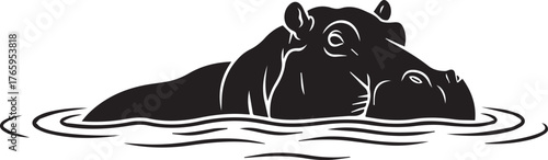 Majestic hippopotamus partially submerged in rippling water silhouette