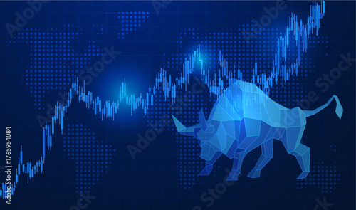 Candlestick chart with polygonal bull vector design, stock market trading growth trend graph on world map, profit