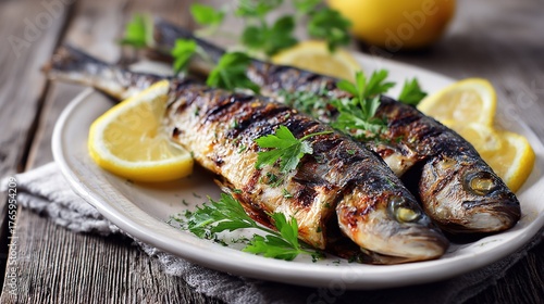   A white plate featuring grilled fish alongside lemons and parsley atop a wooden table