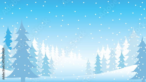 Christmas landscape background. Illustration of snow covered pine trees landscape with sky and valley for use as holiday background. Vector file.