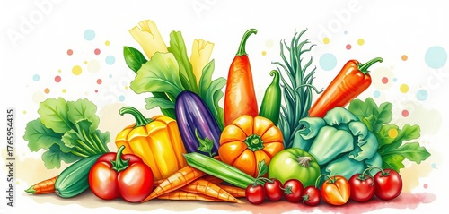 Vibrant watercolor painting of assorted vegetables on a banner background,  tomato,  red