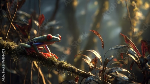   Red and green frog on tree branch in a lush forest surrounded by vegetation