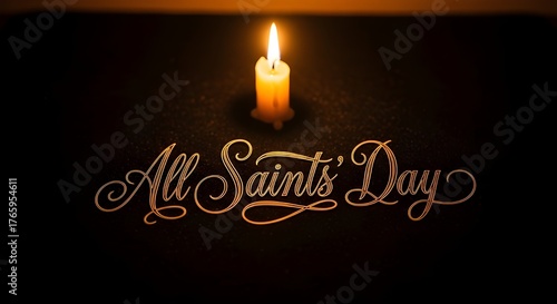 All Saints Day, religious holidays, spiritual celebrations, candlelight, candle flame, exquisite calligraphy, a dark background, gentle lighting, and a radiant atmosphere