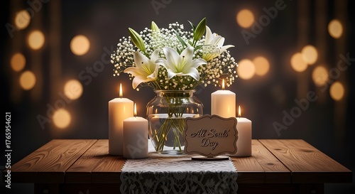 wooden_table, vase_with_white_flowers, candles, all_souls_day_text, glowing_bokeh_background, 