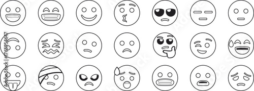 Emoji face icons with fun expressions for chat and messaging design. Cute emotional smiley symbols for social graphics. Outline reaction faces for creative digital projects.
