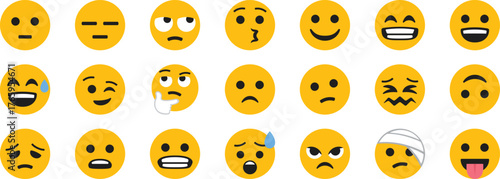 Emoji face icons with funny expressions for chat and social design. Cute emotional smiley symbols for messaging graphics. Cartoon reaction faces for creative digital projects.