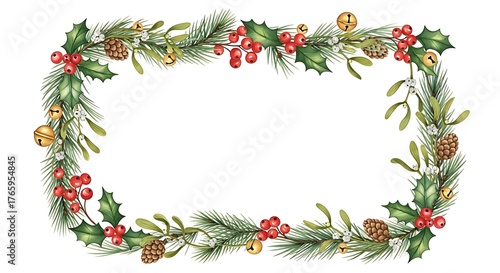 Isolated watercolor design element for Christmas cards, showing an arch of pine, holly, and mistletoe