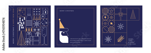 Happy New Year, poster, banner and card design in minimalist geometric line style. Xmas and new year backgrounds. 2026