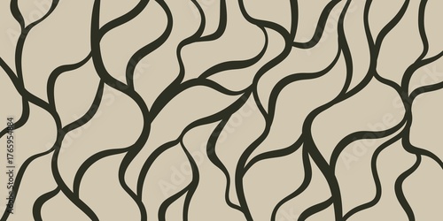 Dense wavy abstract lines in dark tones on beige, creating a textured, flowing effect for modern abstract art © Taya