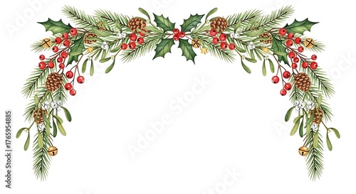 Isolated watercolor design element for Christmas cards, showing an arch of pine, holly, and mistletoe
