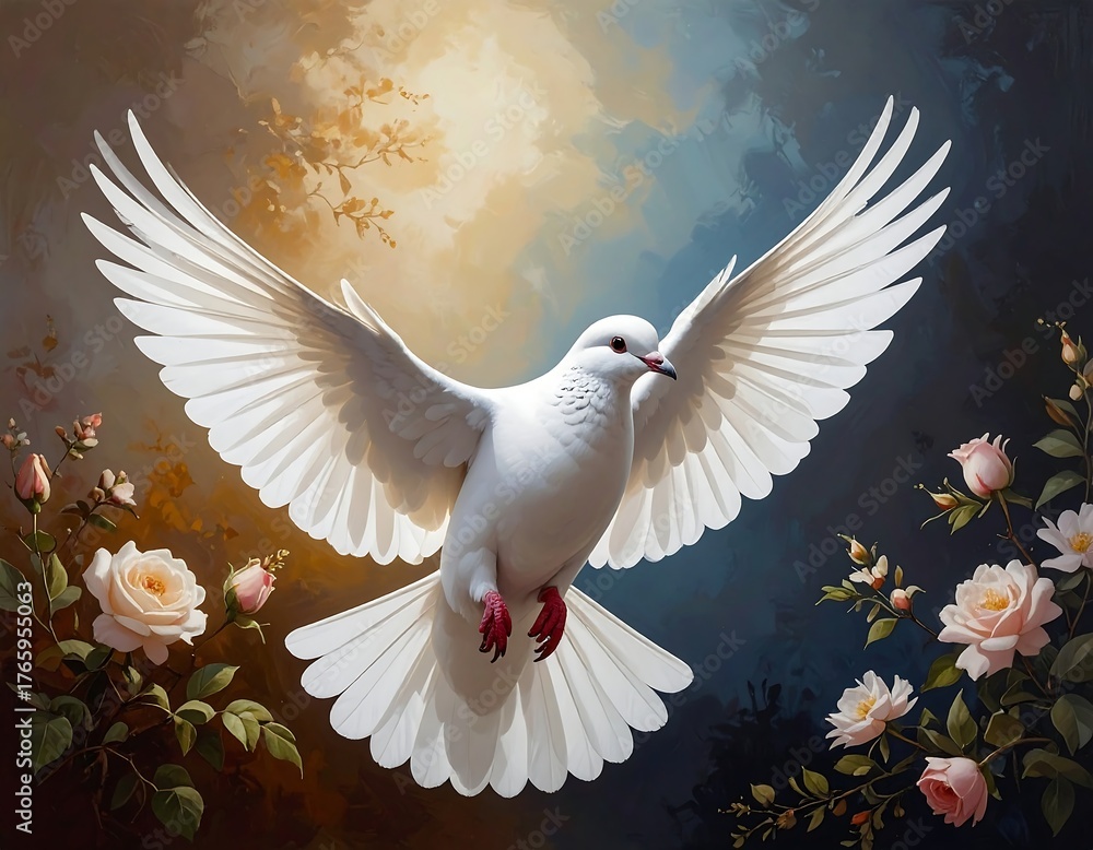 Fototapeta premium A majestic white dove soars with outstretched wings amid flowers
