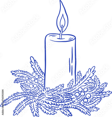 Vintage hand drawn Christmas candle with pine wreath vector illustration. Doodle Xmas, New Year decoration.