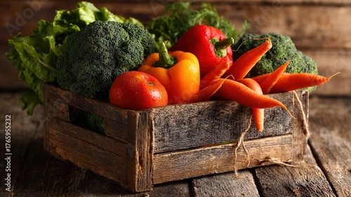  A wooden crate overflowing with a variety of fresh fruits and vegetables placed atop a wooden table