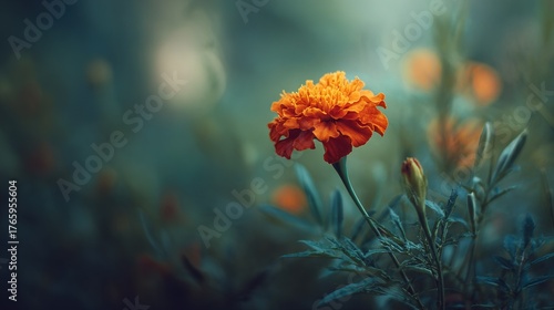   A single orange flower amidst a sea of green and orange blossoms, set against a hazy backdrop