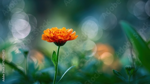   An orange flower surrounded by lush green grass under hazy lights in the distance