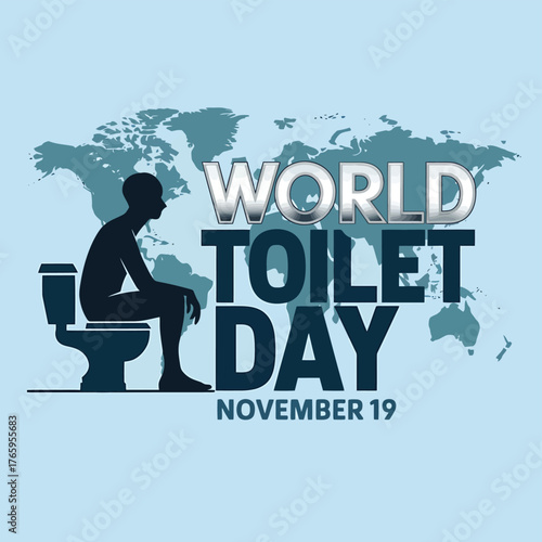 Vector art of world toilet day on november 19, depicted with a silhouette of a person on a toilet against a world map background, highlighting global sanitation efforts