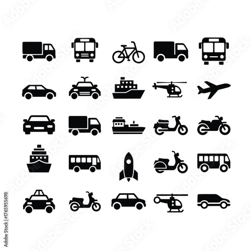 Vector art of collection of transportation icons, representing various modes of transport for people and goods