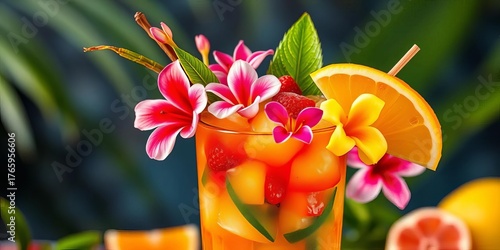 Fototapeta Naklejka Na Ścianę i Meble -  Vibrant tropical cocktail garnished with fruit and flowers,   palm,   mixology