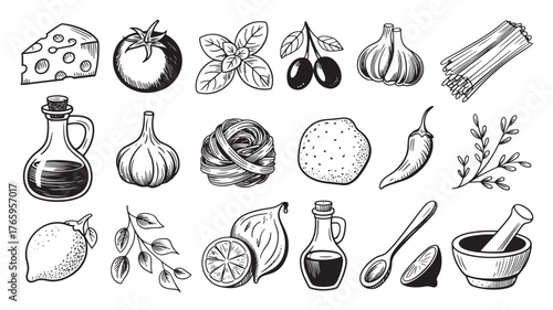 Hand-drawn sketch of Italian food ingredients illustration of cheese tomato and olive oil isolated on white background