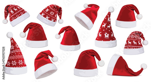 Vector illustration of collection of red santa hats with white trim and festive patterns, scattered and angled on a clean