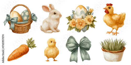 Watercolor easter elements including a bunny chicken duckling basket eggs carrot bow and grass