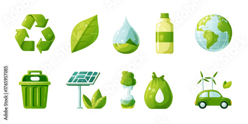Collection of green eco friendly icons representing sustainability and environmental protection