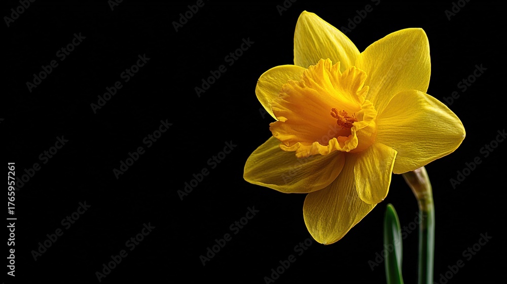 Fototapeta premium Yellow Daffodil on Black Background - Green Stem