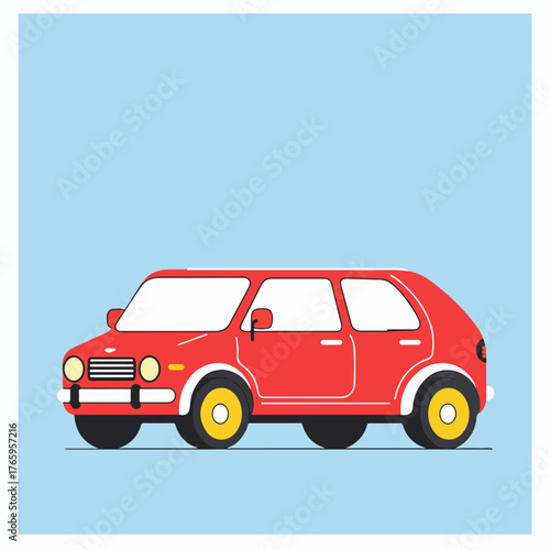 A vibrant red retro hatchback car illustration. Side view of a classic compact automobile with yellow wheels on a light blue background