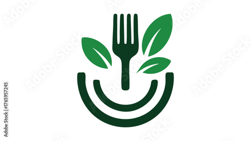 Healthy eating fork icon with green leaves and wireless signal symbol logo design