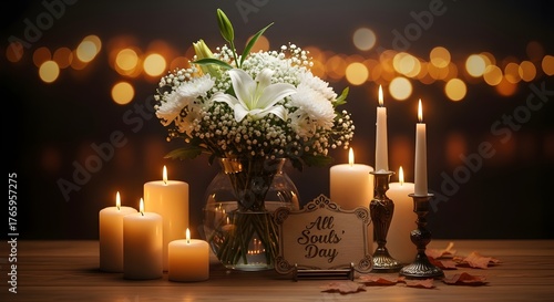 Candles, a wooden table, a vase with white flowers, a dazzling bokeh background, dramatic lighting, and the inscription 