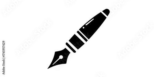 Elegant black silhouette of a classic fountain pen with a nib on a white background