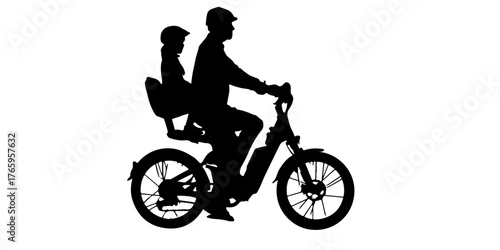 Silhouette of a father and child riding an electric bicycle together on a white background