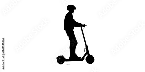 Silhouette of a person riding an electric scooter wearing a helmet on a white background