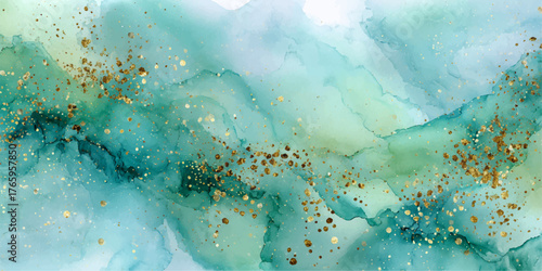 Abstract flowing watercolor and ink art with gold flecks and vibrant green and blue hues