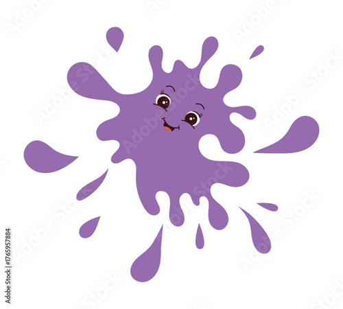 Cute purple paint splatter with smiling cartoon face. Funny ink drop character. Happy colorful blot illustration for kids design, education, art, creativity, and decoration