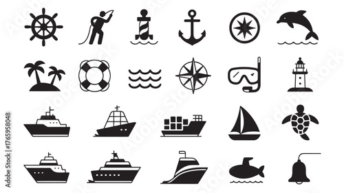 Nautical icon set featuring maritime symbols and sea elements perfect for marine-themed designs and travel applications