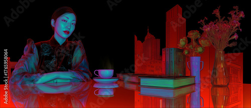 Neon red and blue surreal composition with woman, book, and coffee, futuristic art concept
