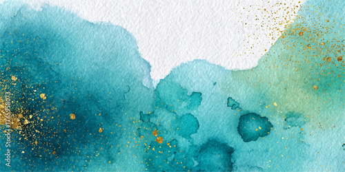Abstract teal and green watercolor splashes with golden flecks on white background