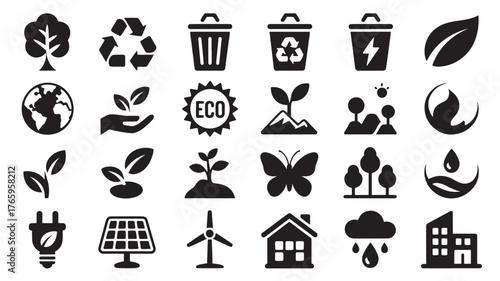 Set of eco and nature icons simple flat glyphs for environmental awareness isolated on white background