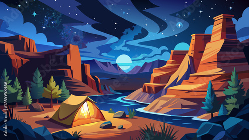Very beautiful scene of camping under a starry night sky in Grand Canyon National Park, with tents glowing softly, rugged canyon cliffs in the background, and a vast Milky Way stretching across the da