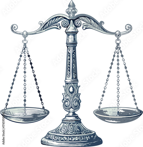 Scales of Justice symbol representing law and legal balance, isolated on a white background