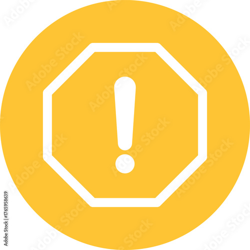 Alert icon in octagon shape on yellow circle . Exclamation mark icon . Attention icon . Hazard warning symbol . Vector illustration