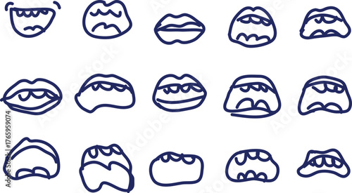 Collection of hand drawn dark blue mouths and teeth on white