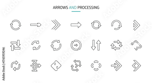 Vector illustration of a collection of stylized arrows and processing symbols in a clean, thinline vector style, representing movement, direction, and cyclical processes