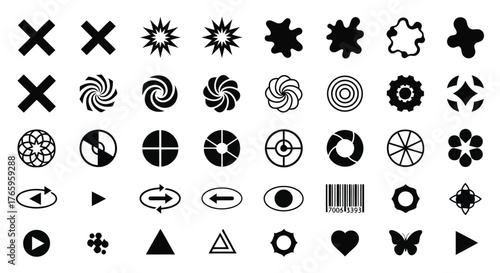 Vector illustration of assortment of abstract geometric and symbolic icons, including crosses, stars, gears, and butterflies